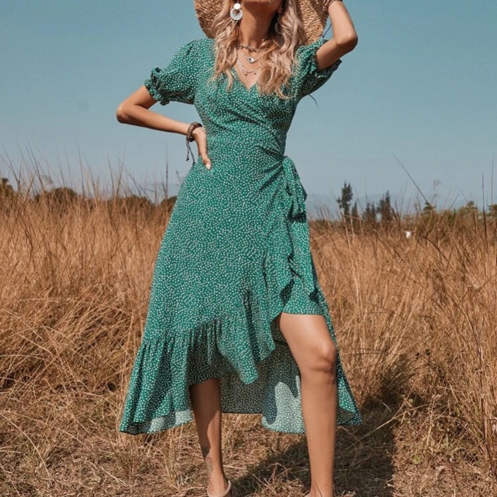 Green wrap dress with tie wast sundress